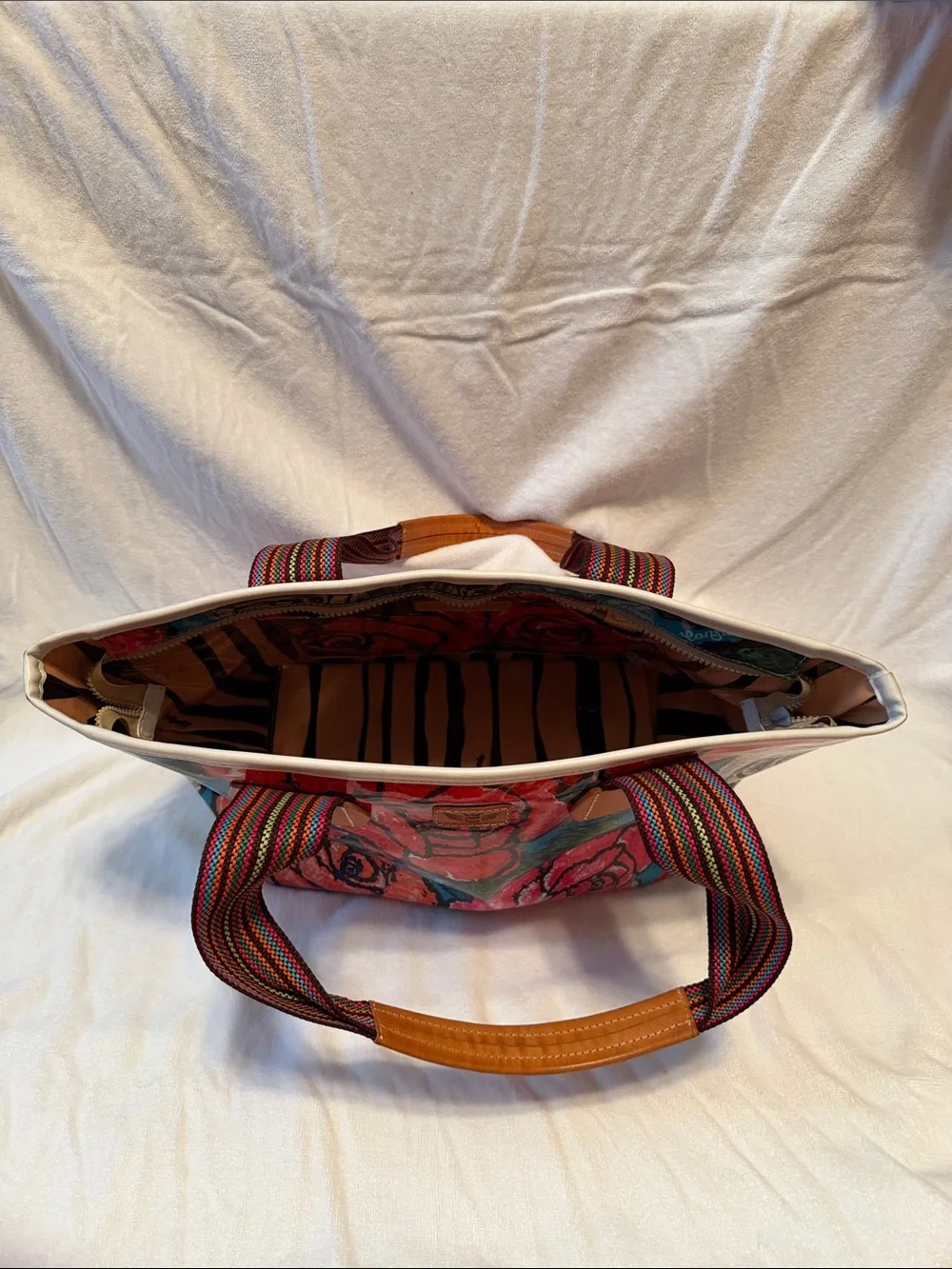 Consuela Painted Floral Canvas Tote with Striped Web Handles.